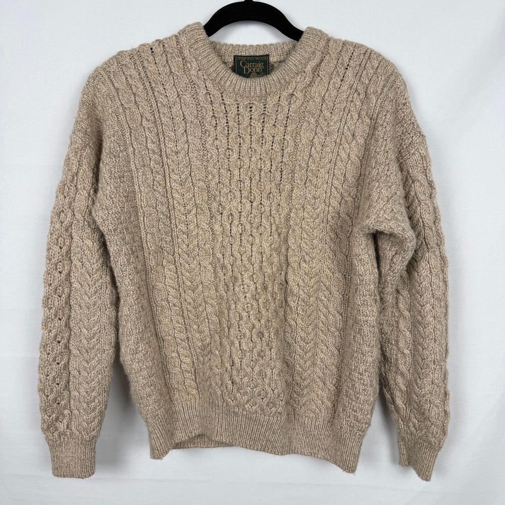 Vintage 70s Carraig Donn Mens Aran Fisherman Merino Wool Cable Knit Sweater M